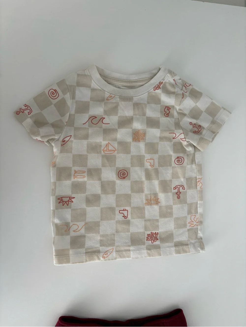 Cat & Jack Beige Checkerboard Tee with Coral Icons and Burgundy Leggings Set 18M